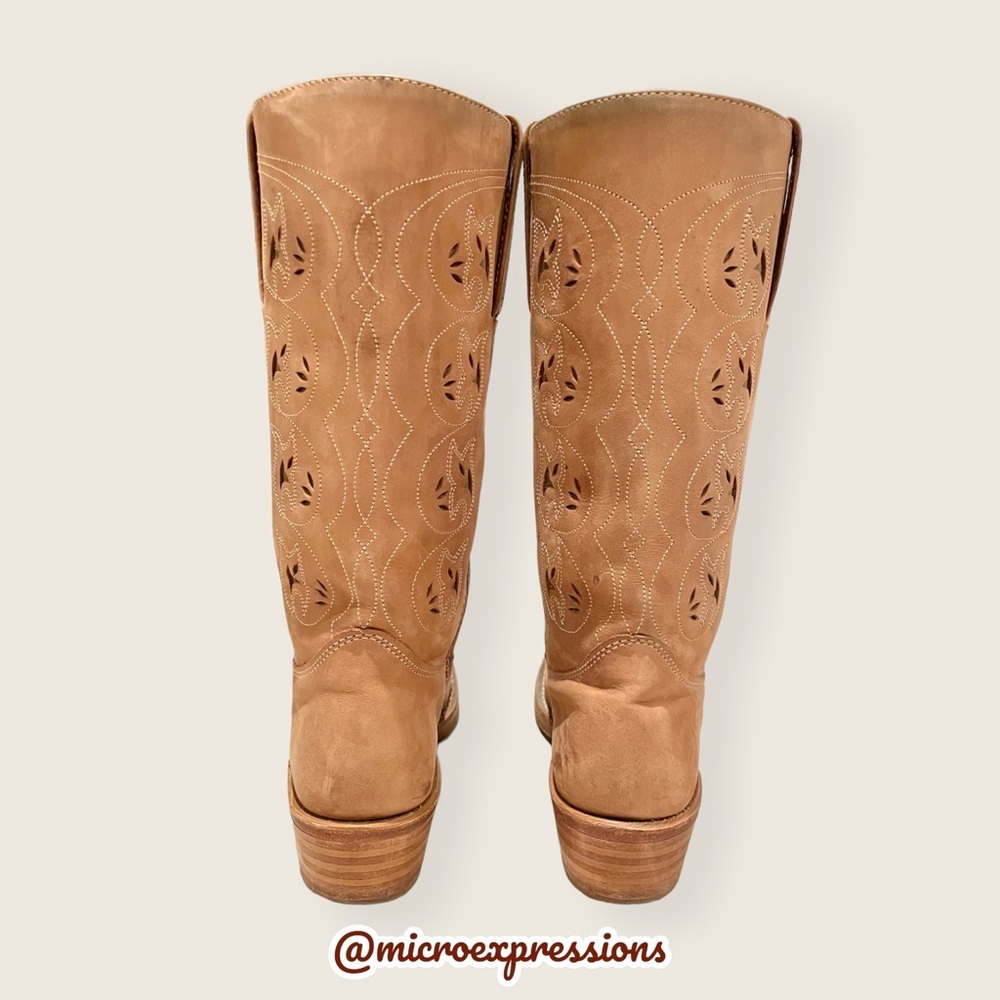 VINTAGE 1980 Frye Austin Tan Cottagecore Leather Floral Embroidered Cowboy Boot - Picture 10 of 13